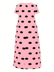  Polka Dot Print Short Sleeve Maxi Dress With Pockets