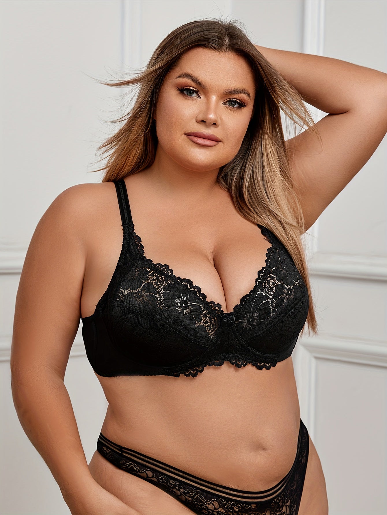  Sexy Bra Women's Plus Contrast Lace Full Cover Mini Bow Front