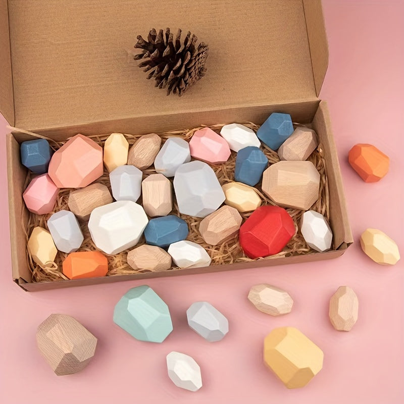 36pcs Wooden Stacking Rocks Balancing Stones Wood Building Blocks Learning Toys