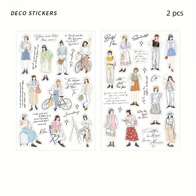 2 Sheets PET Waterproof Stickers Girl Dressing DIY Notebook Material Stickers