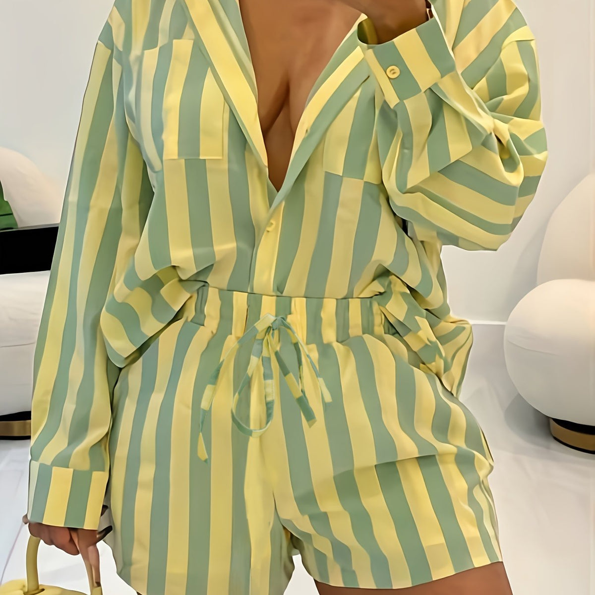  Stripe Print Button Up Blouse & Shorts 2pc Set