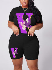 Women's Plus Letter & Pigeon Print Tee & Shorts Outfits 2pcs Set