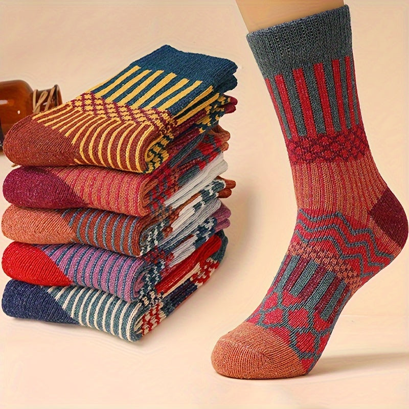 5 Pairs Geometric Pattern Socks Soft Mid Tube Women's Stockings