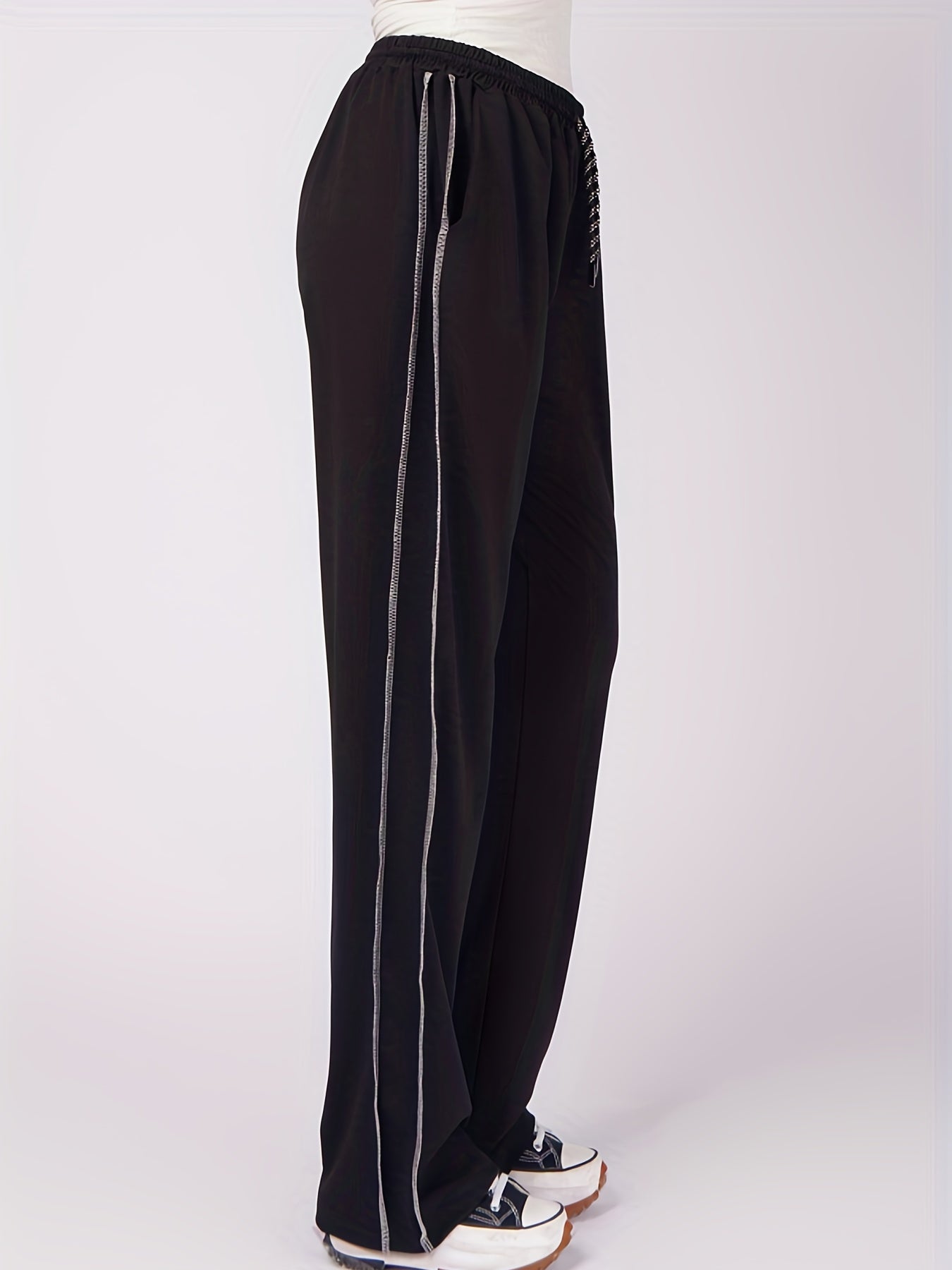  Solid Stitching Elastic Drawstring High Rise Casual Pants