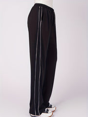  Solid Stitching Elastic Drawstring High Rise Casual Pants