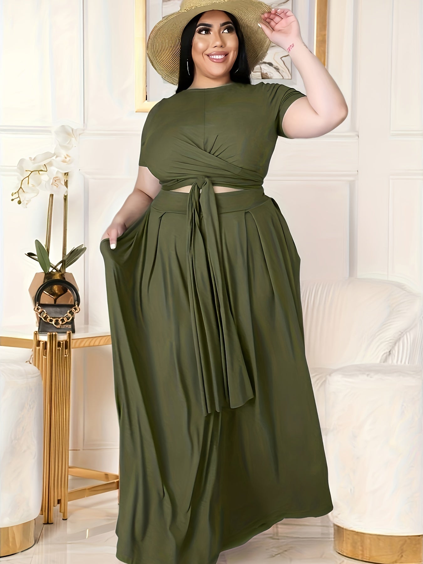  Sexy Outfits Set Women's Plus Solid Round Neck Short Sleeve Cross Knot
