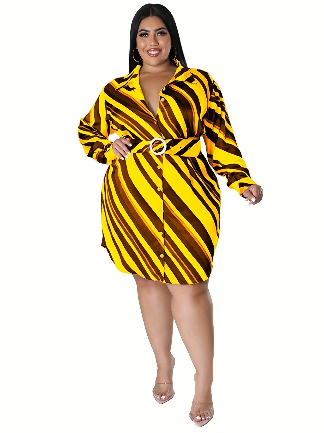  Strip Print Lapel Collar Belted Mini Dress