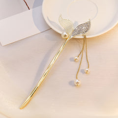 Fishtail Tassel Hair Pin Faux Pearl Rhinestone Golden Cheongsam Chignon Pins