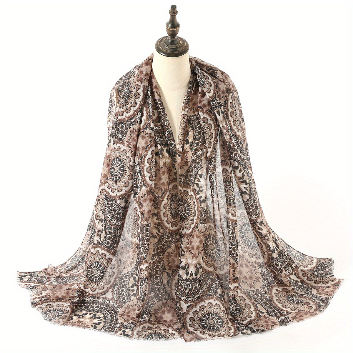 Boho Geometric Print Scarf Vintage Frayed Edge Shawl