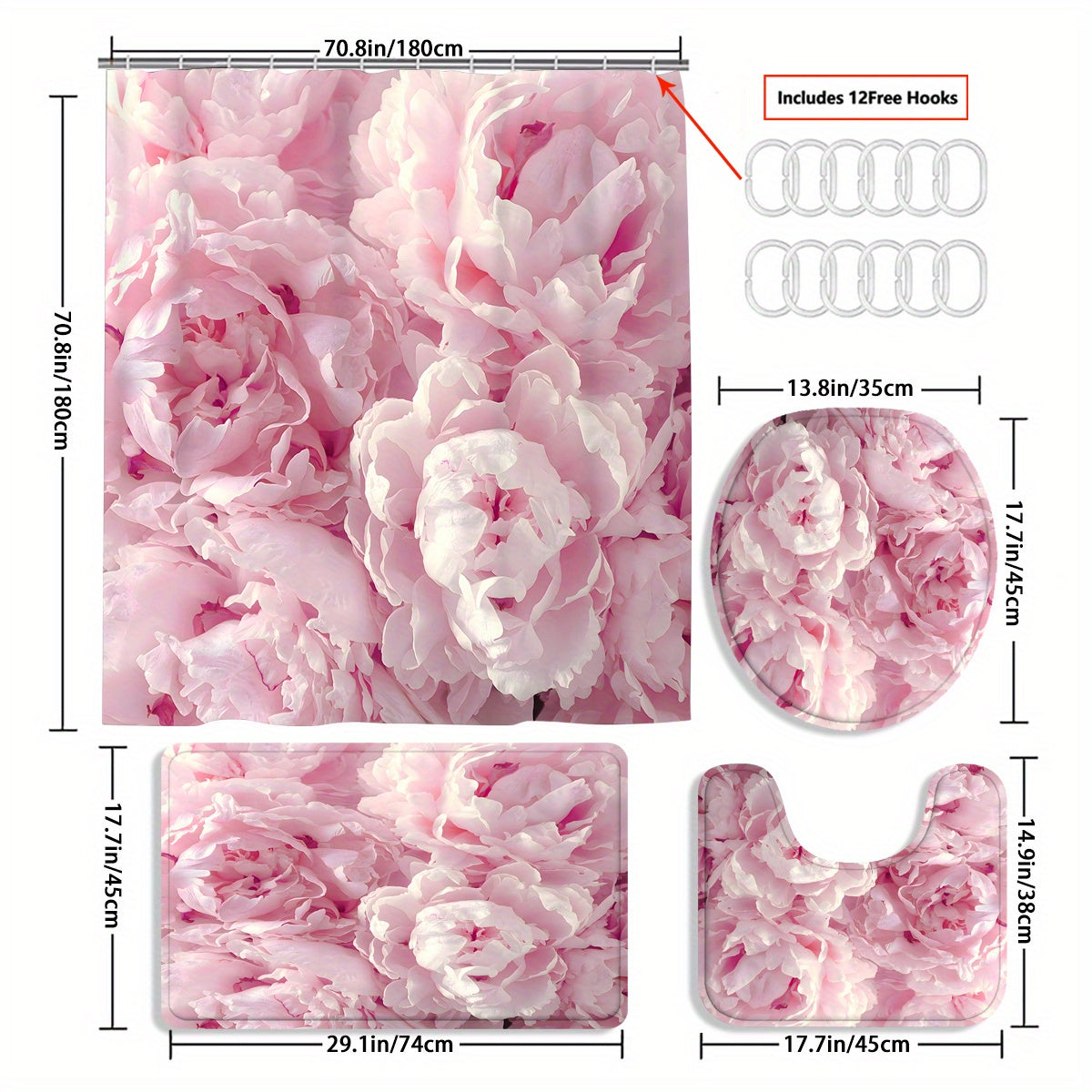 4pcs Pink Flowers Shower Curtain Waterproof Bathroom Decor Set
