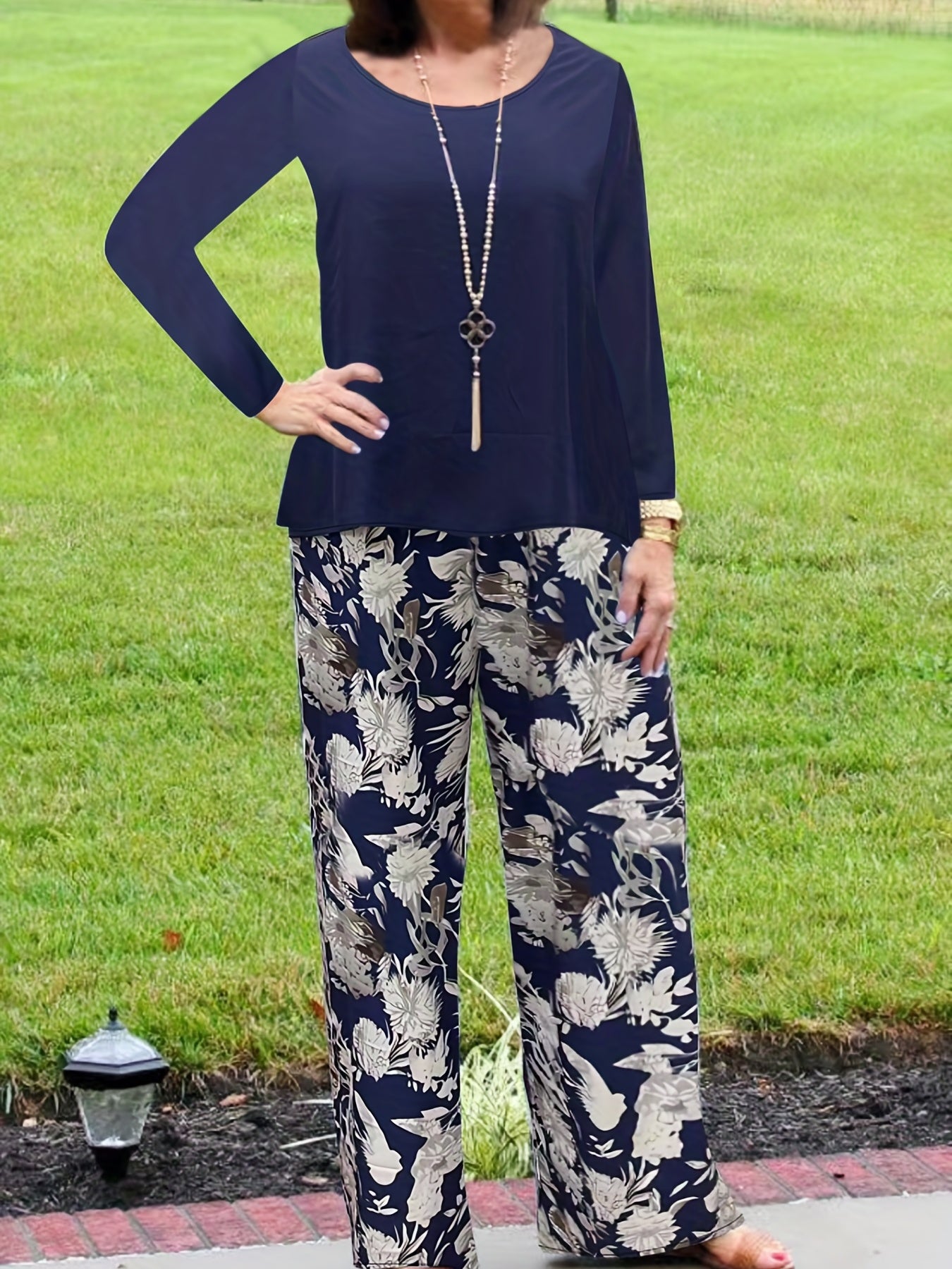  2 Piece Set Solid Top & Floral Print Pants Outfit