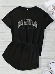 Letter Print Short Sleeve T shirt & Drawstring Waist Shorts Set