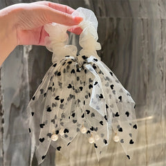 Heart Shape Pattern Hair Tie Small Faux Pearl Hair Tassel Mesh Large Scrunchie