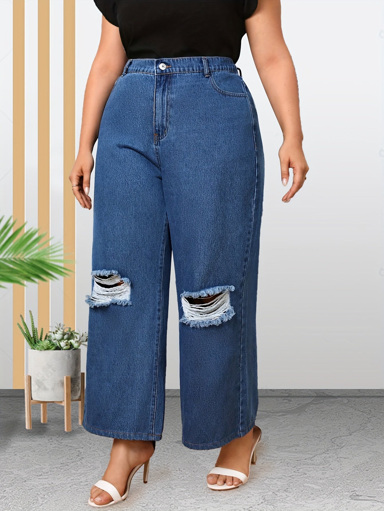Plus Size Ripped High Rise Wide Leg Jeans