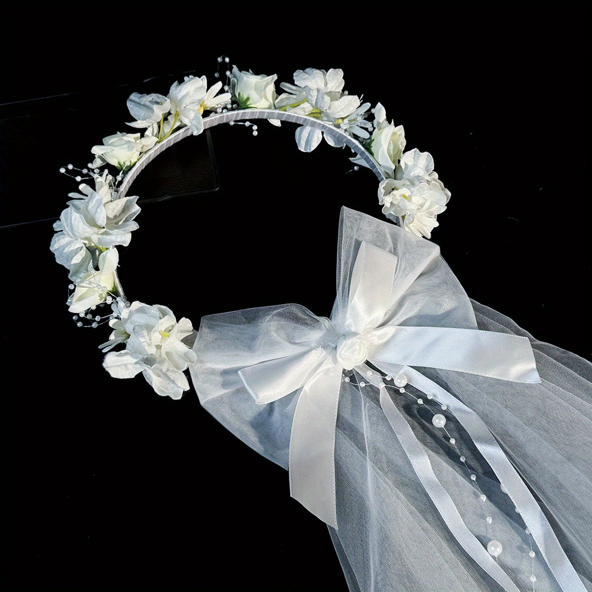Short Wedding Veil with Floral Headband Sheer Lace Bridal Veil Flowers & Bow