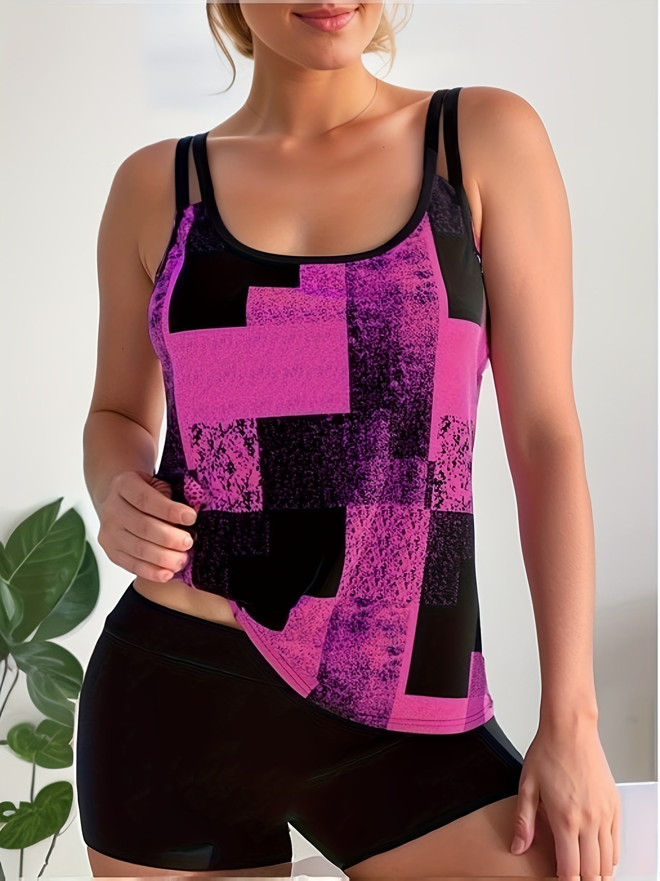  Geometric Print Split Strap Tankini Set
