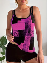  Geometric Print Split Strap Tankini Set