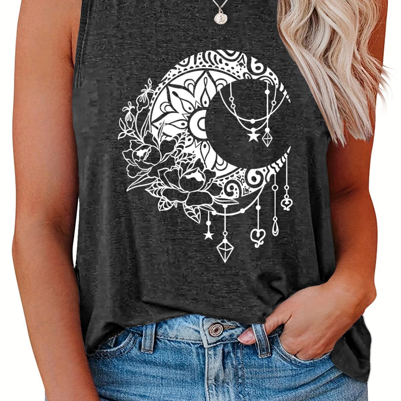  Moon & Floral Print Tank Top Round Neck