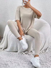 Casual Solid Two-piece Set Drop Shoulder T-shirt & Slim Pants