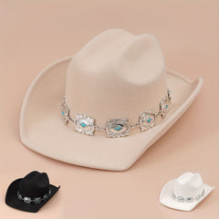 Western Cowboy Hat with Oval Stone Iron Chain Decoration