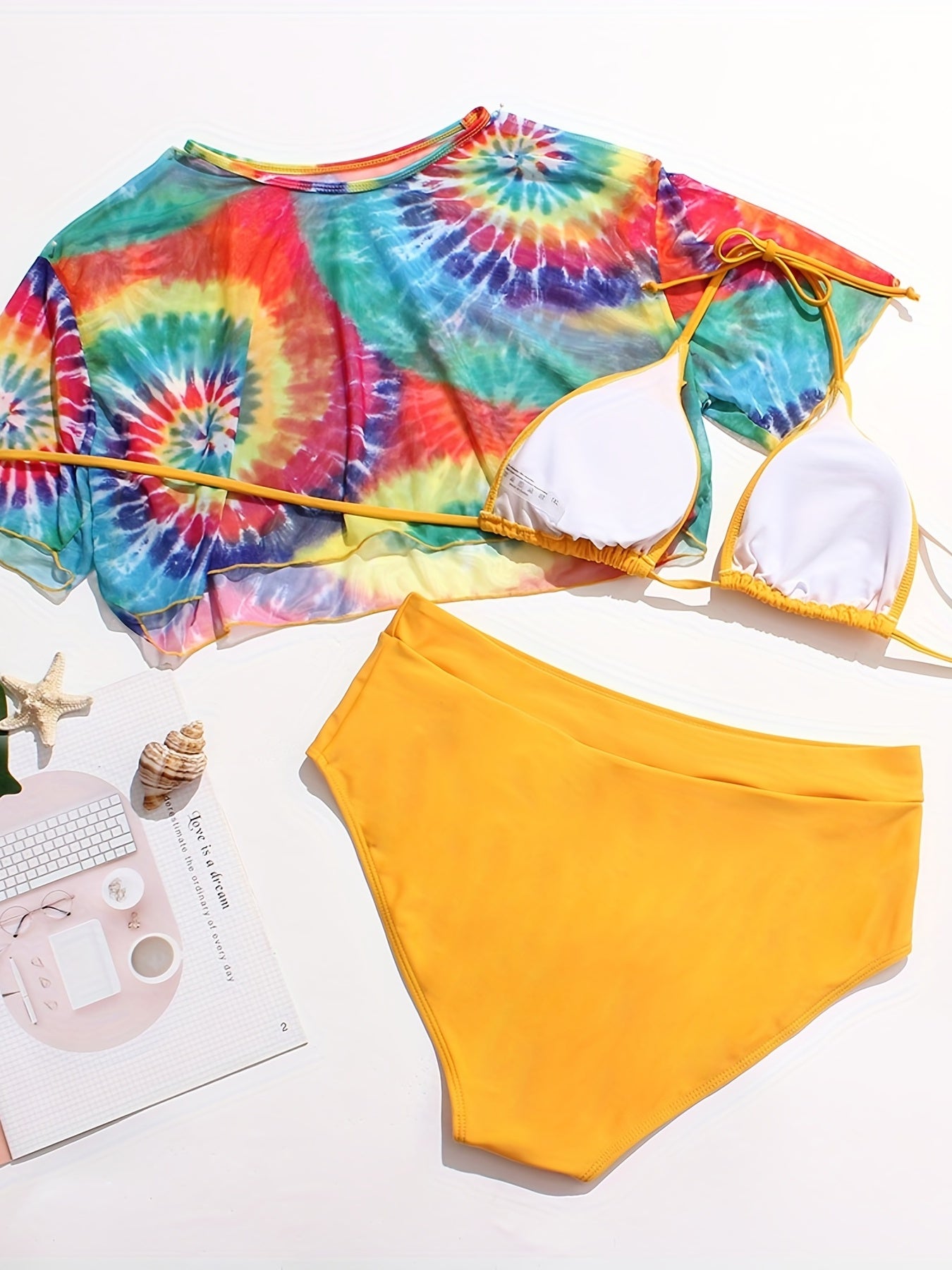  Rainbow Tie Dye Mesh Crop Top & Panties & Bra Swimsuit Set