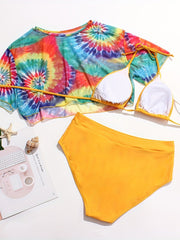  Rainbow Tie Dye Mesh Crop Top & Panties & Bra Swimsuit Set