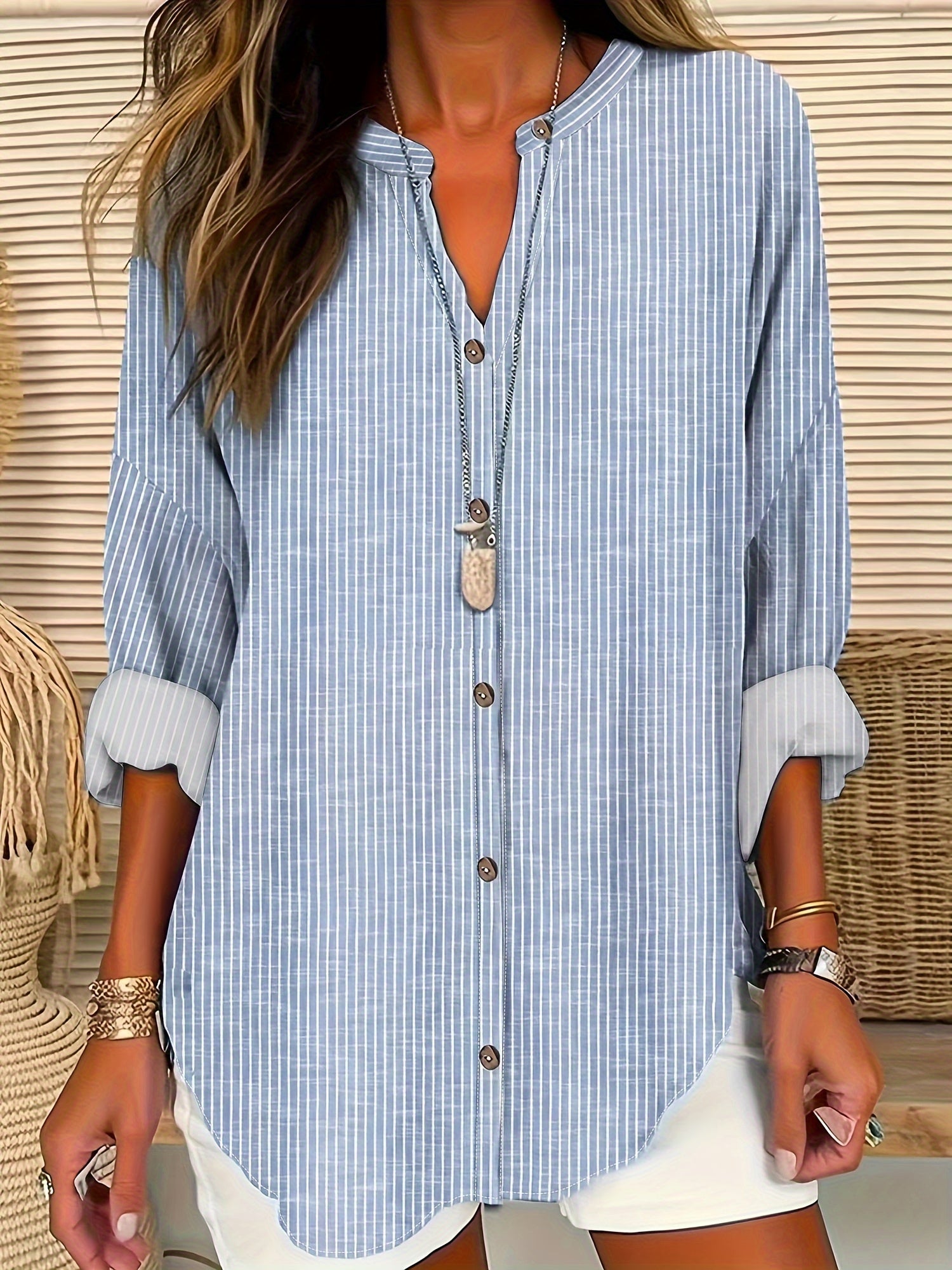  Striped Button Up Long Sleeve Tunic Shirt Top