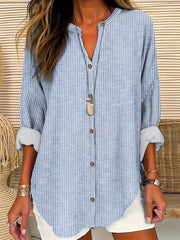  Striped Button Up Long Sleeve Tunic Shirt Top