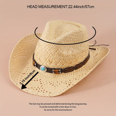 Western Cowboy Straw Hat With Large Wood Beads Turquoise Leather Belt