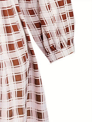 Plus Gingham Print Long Sleeve Round Neck Mini Dress