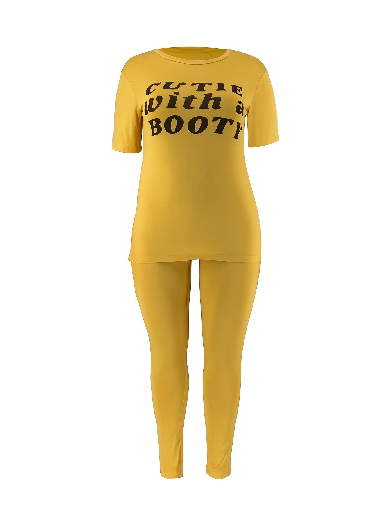  Letter Print Top & Pants Set Women's Plus Stretch Casual Outfit