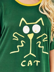  Cat Print Lounge Dress Short Sleeve Round Neck Split Sleep Dress