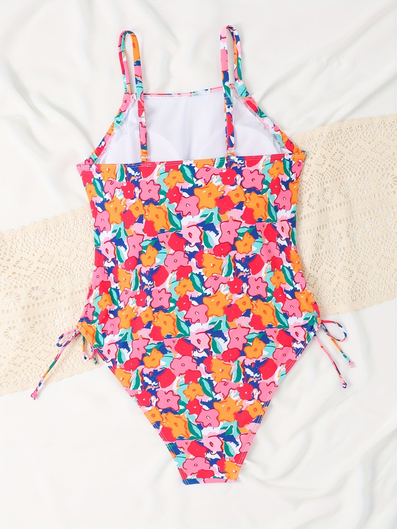  Floral Print Lace Up Side One Piece Bathing Suit