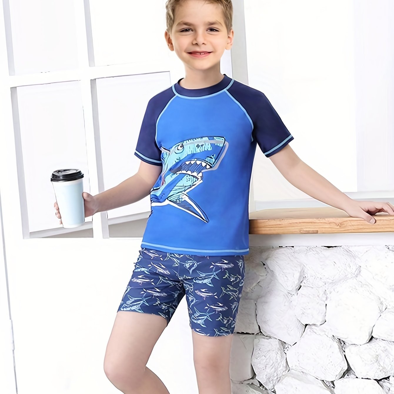 Boys Shark Graphic T-shirt & Trunks Set Swimsuit