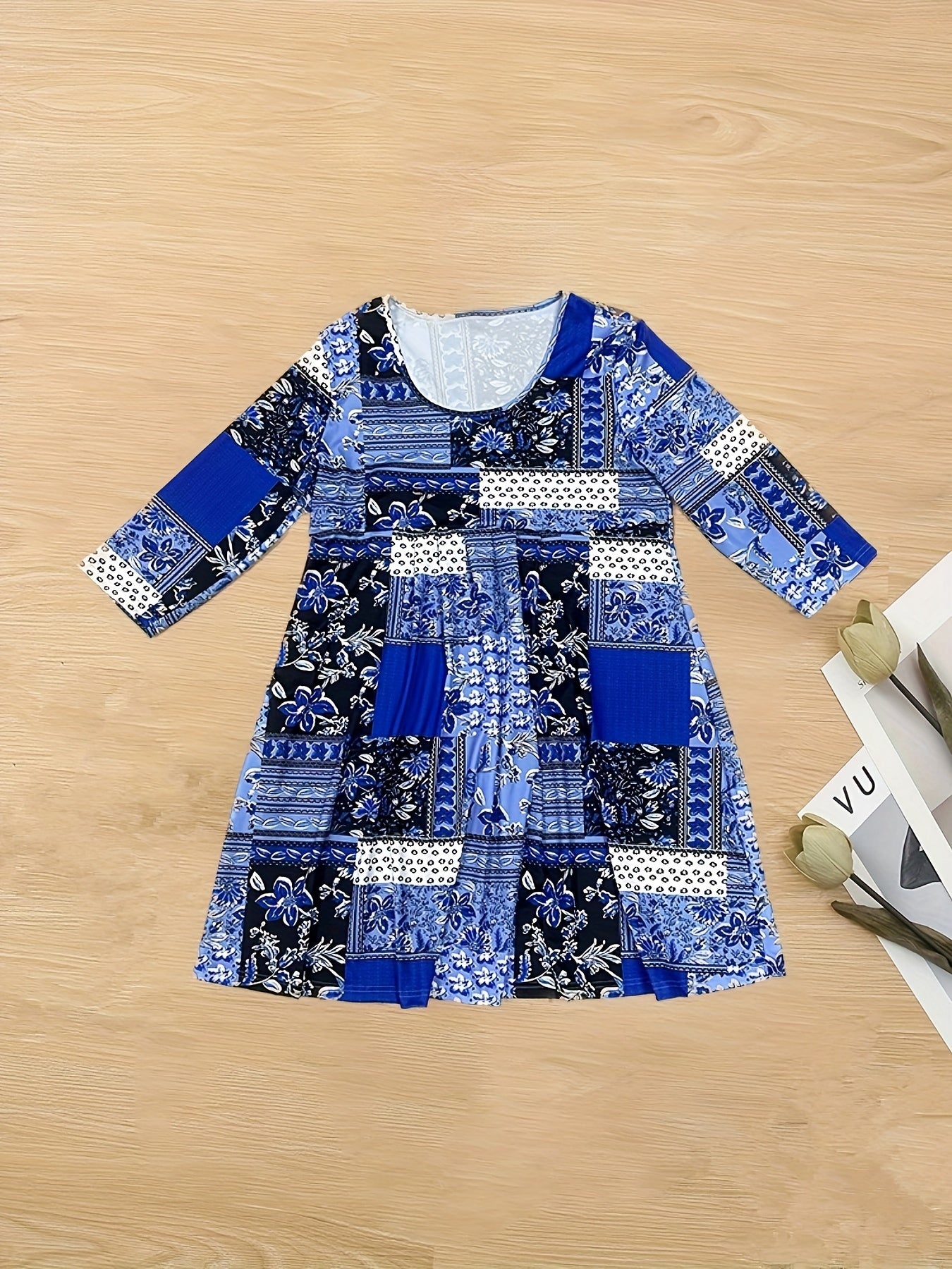  Boho Dress Floral Print Half Sleeve Round Neck Pleated Dress