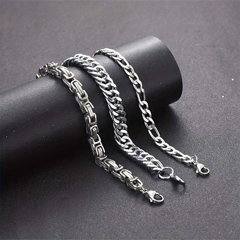 3pcs Silvery Stainless Steel Minimalist Cuban Chain Bracelet Set
