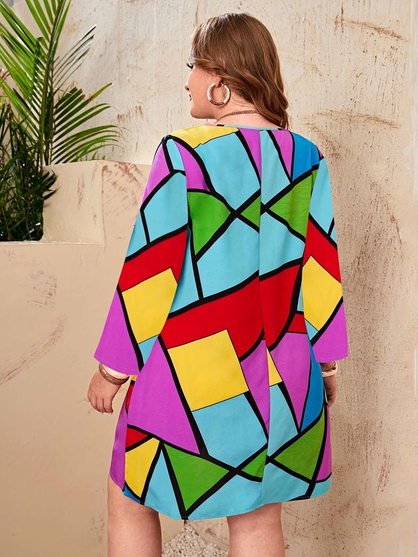  Colorblock Geometric Print Round Neck Tee Dress