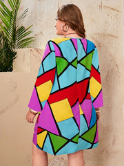  Colorblock Geometric Print Round Neck Tee Dress