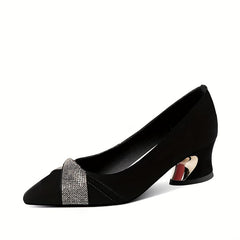 Women's Rhinestone Mid Heeled Pumps Pointed Toe Slip On Chunky Heels