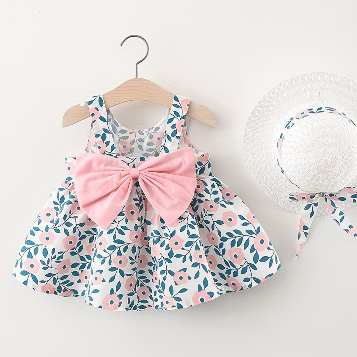 Kids Printed Leaf Cotton Dress With Bow