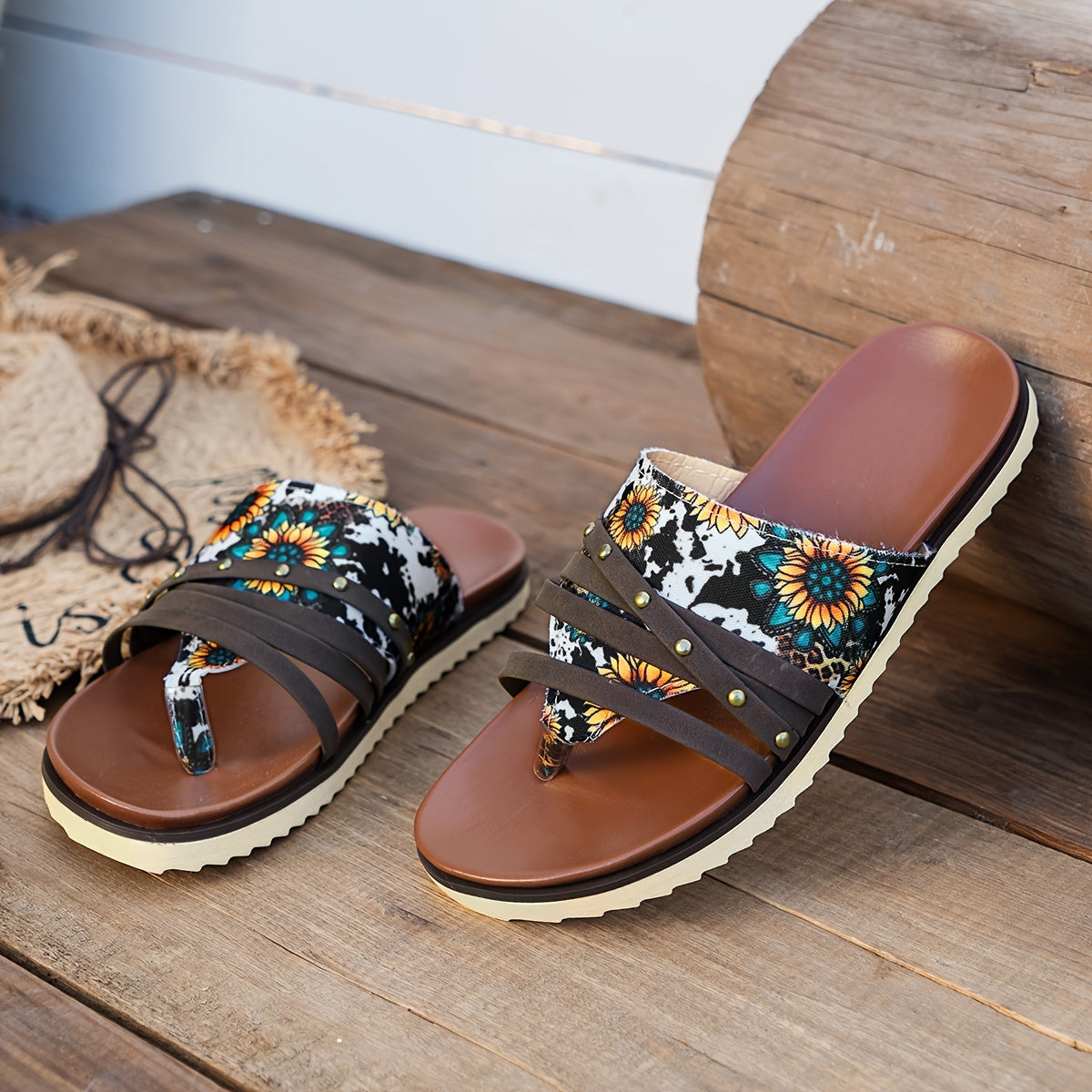 Women's Sunflower & Cow Print Thong Sandals Comfort Non slip Slip on Platform