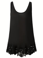  Tank Top Solid Contrast Lace Trim V Neck Stretch Tank Top