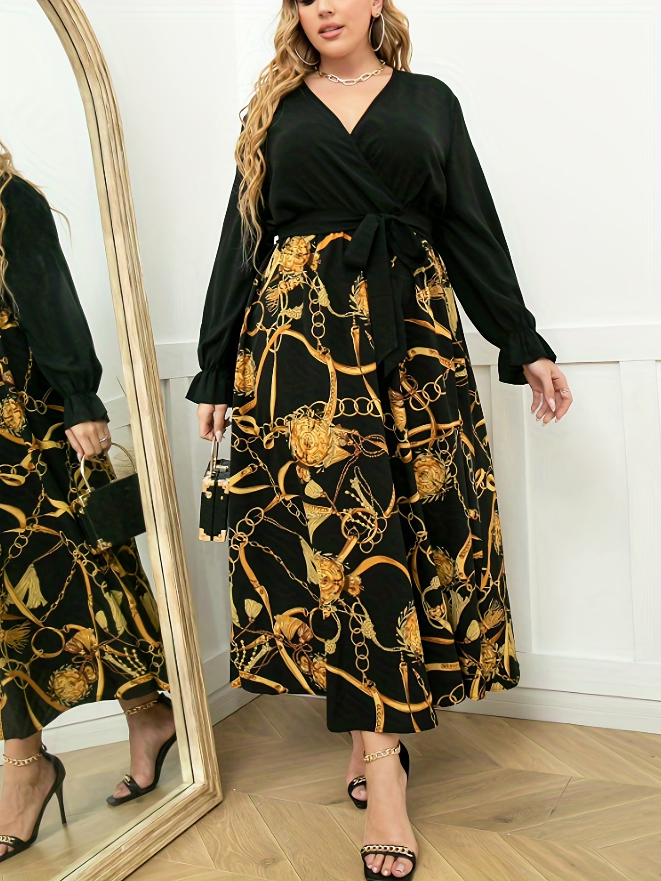 Chain Print Ruffled Surplice Neck Dress With Belt