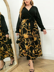 Chain Print Ruffled Surplice Neck Dress With Belt
