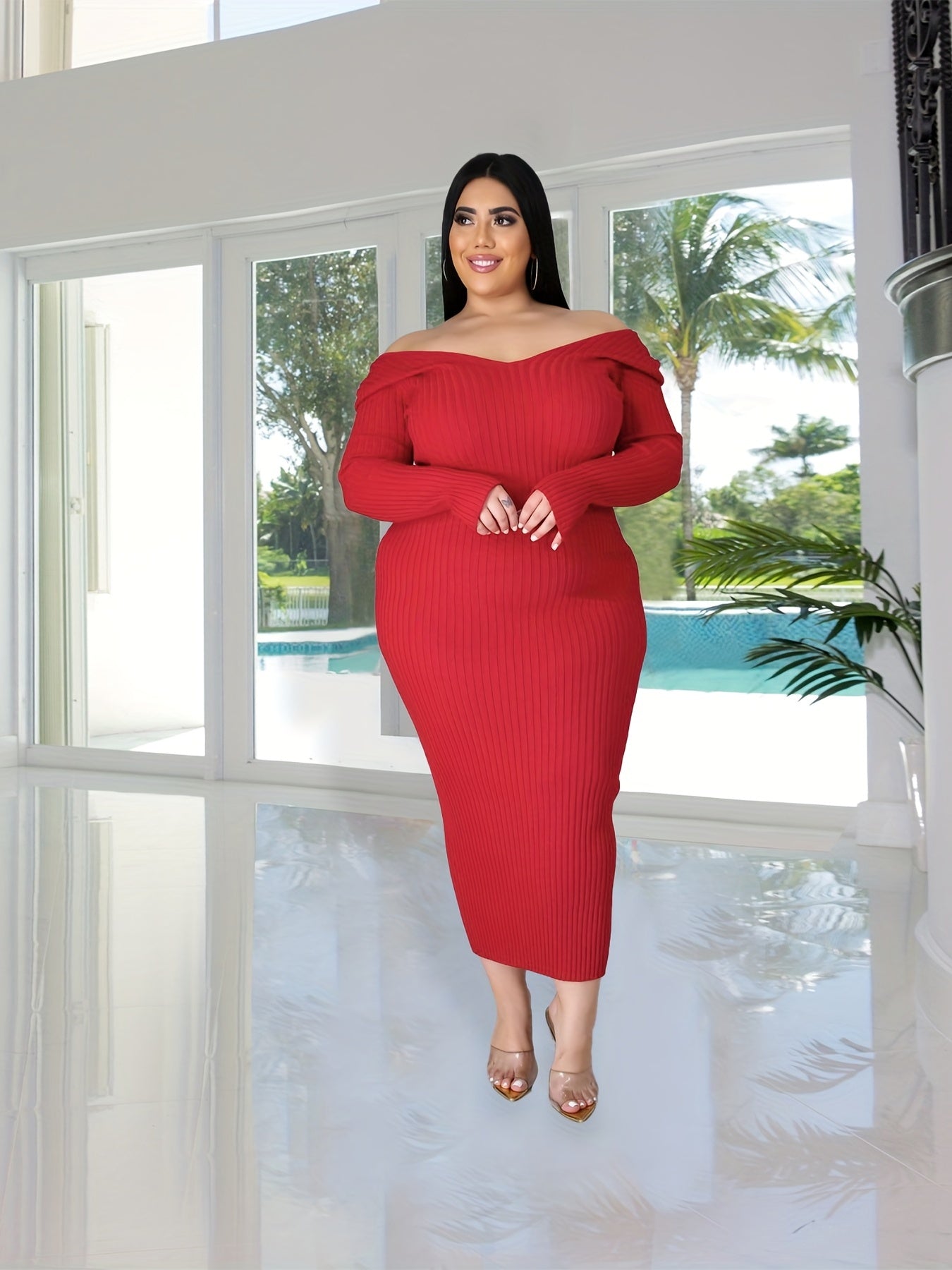 Ribbed Long Sleeve V Neck Maxi Dress