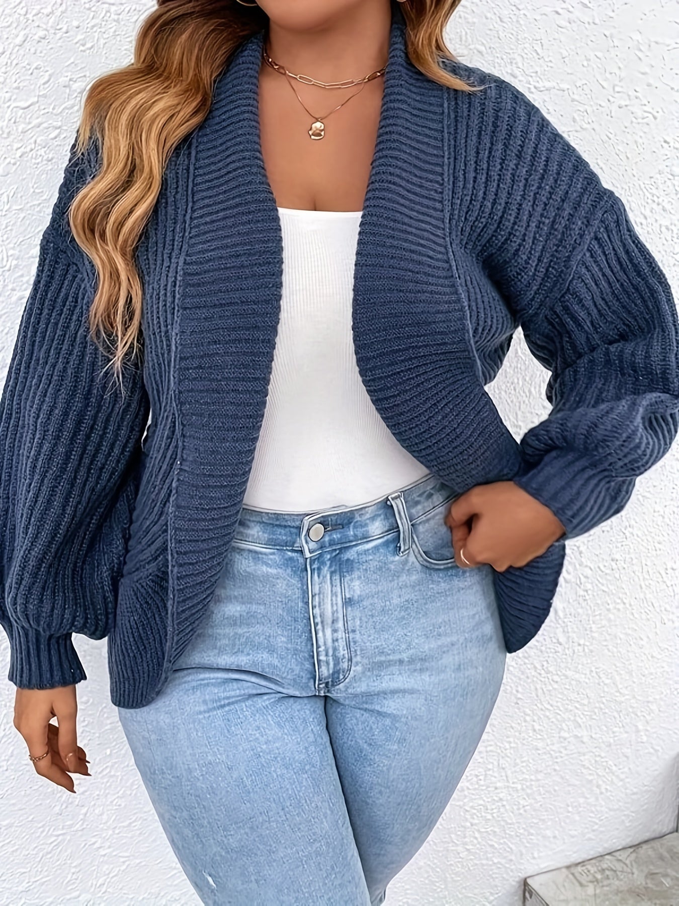 Solid Ribbed Lantern Sleeve Cardigan