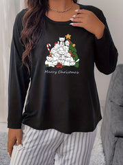  Christmas Lounge Top Women's Plus Christmas Tree & Cat Print