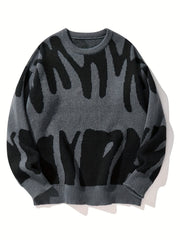 Knitted Letter Print Sweater Men's Casual Warm Crew Neck Pullover