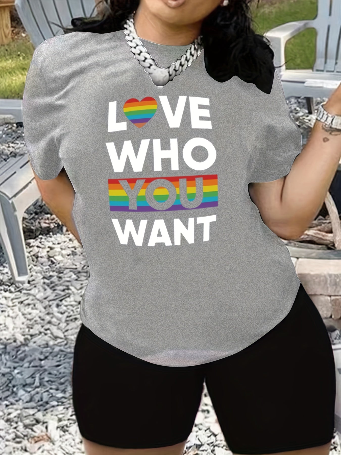  LGBT 2 Piece Set Women's Plus Slogan & Rainbow Stripe P