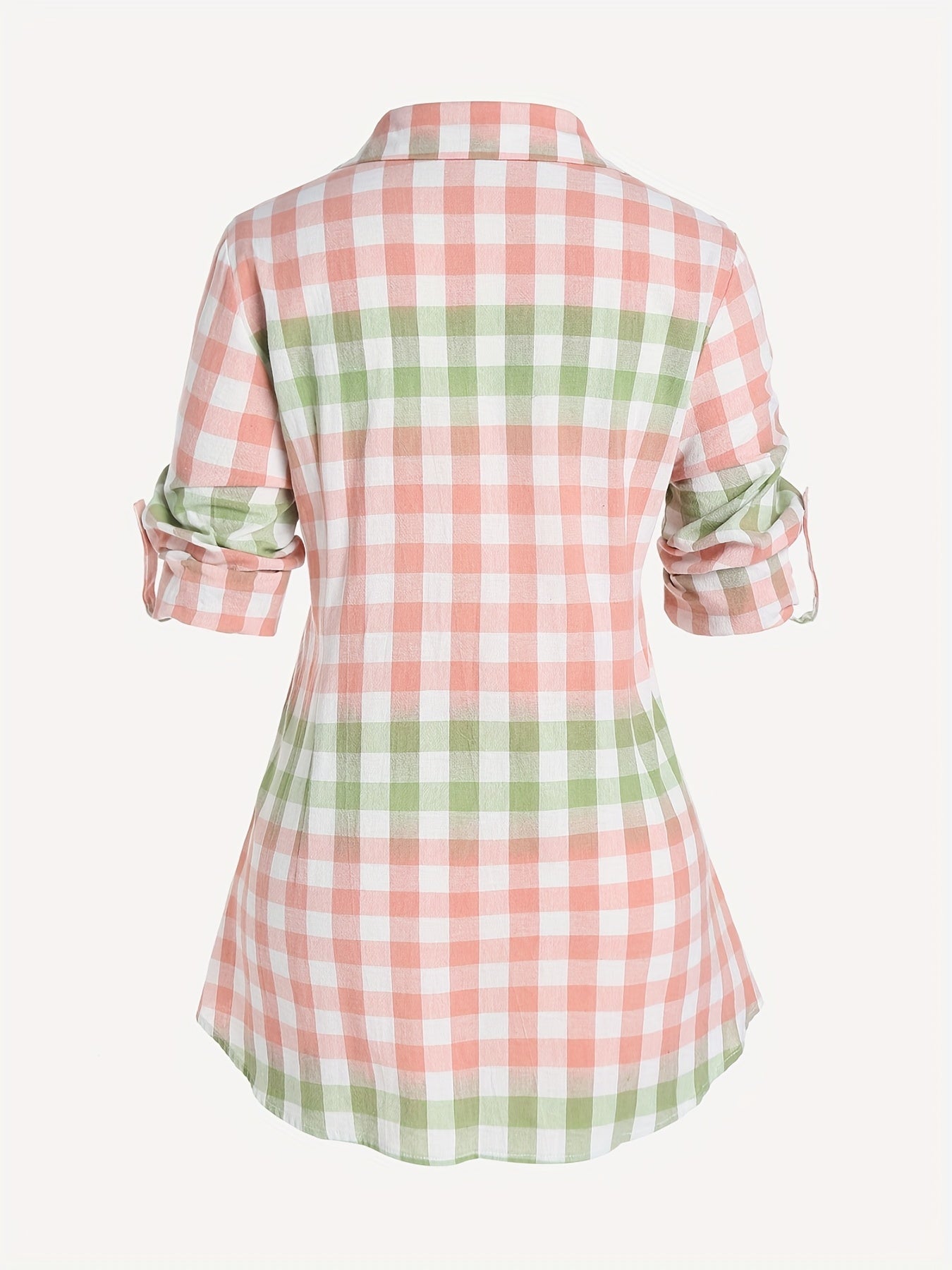  Colorblock Gingham Button Up Peplum Blouse